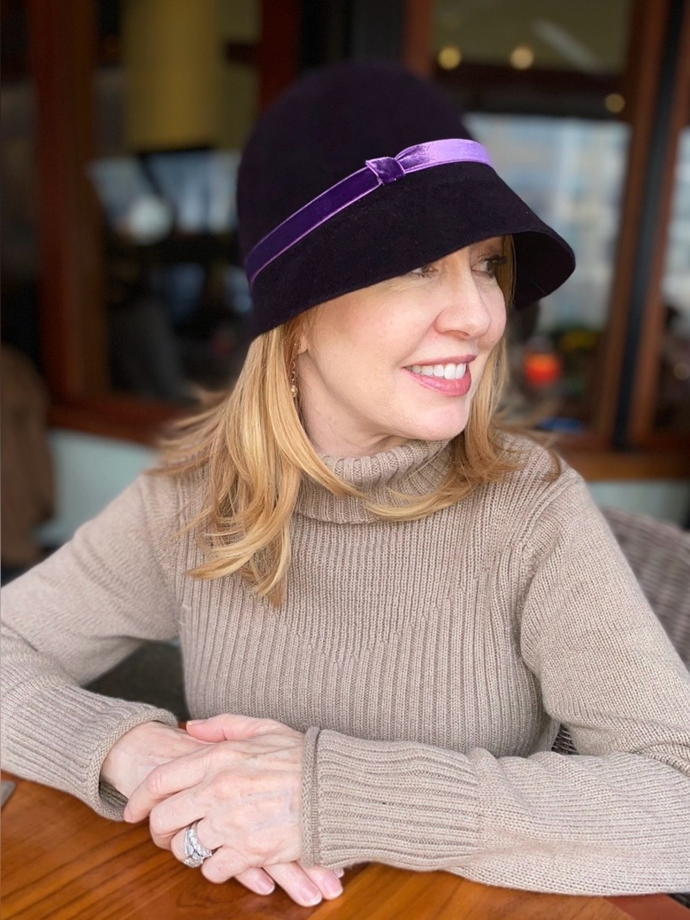 Purple Felt Cloche Hat with Satin Band-LIKE NEW